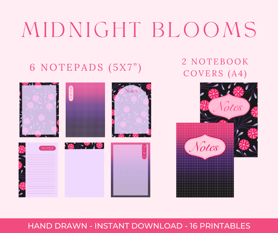 Bold Floral Digital Stationery Set | Hand-Drawn Flowers | Printable Notebook Covers, Bookmarks & Notepads
