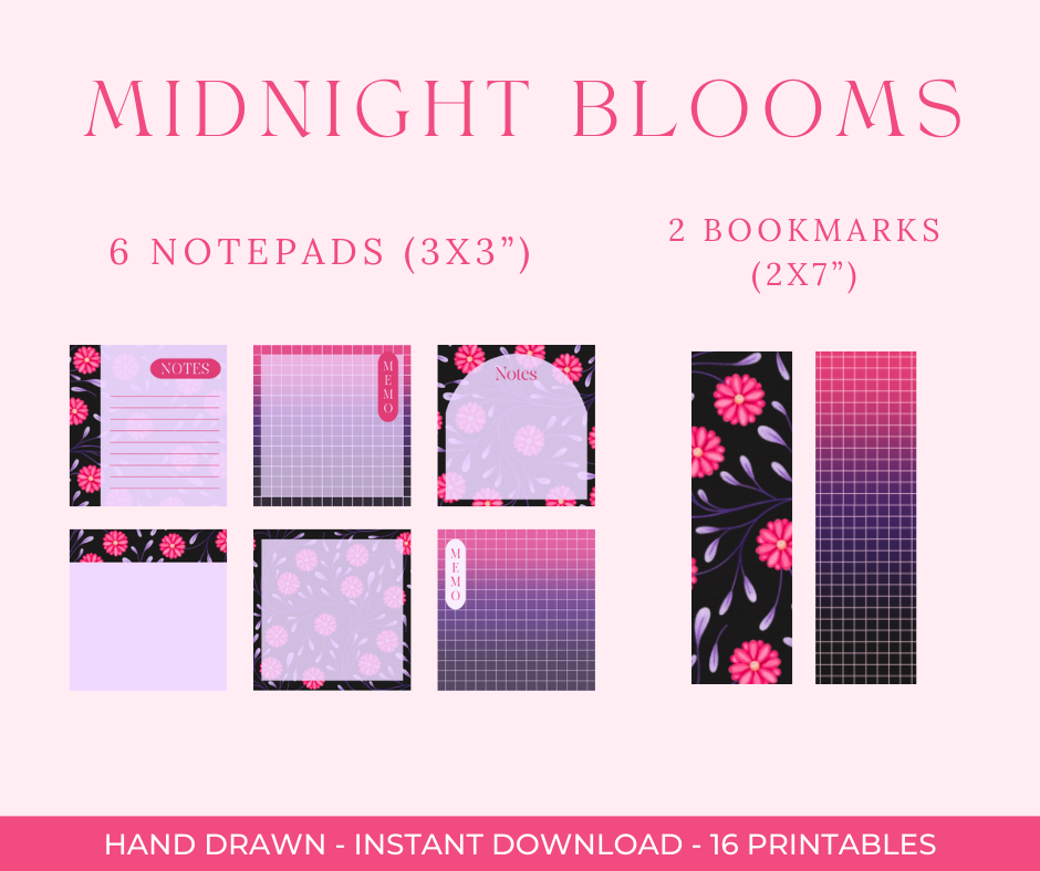Bold Floral Digital Stationery Set | Hand-Drawn Flowers | Printable Notebook Covers, Bookmarks & Notepads