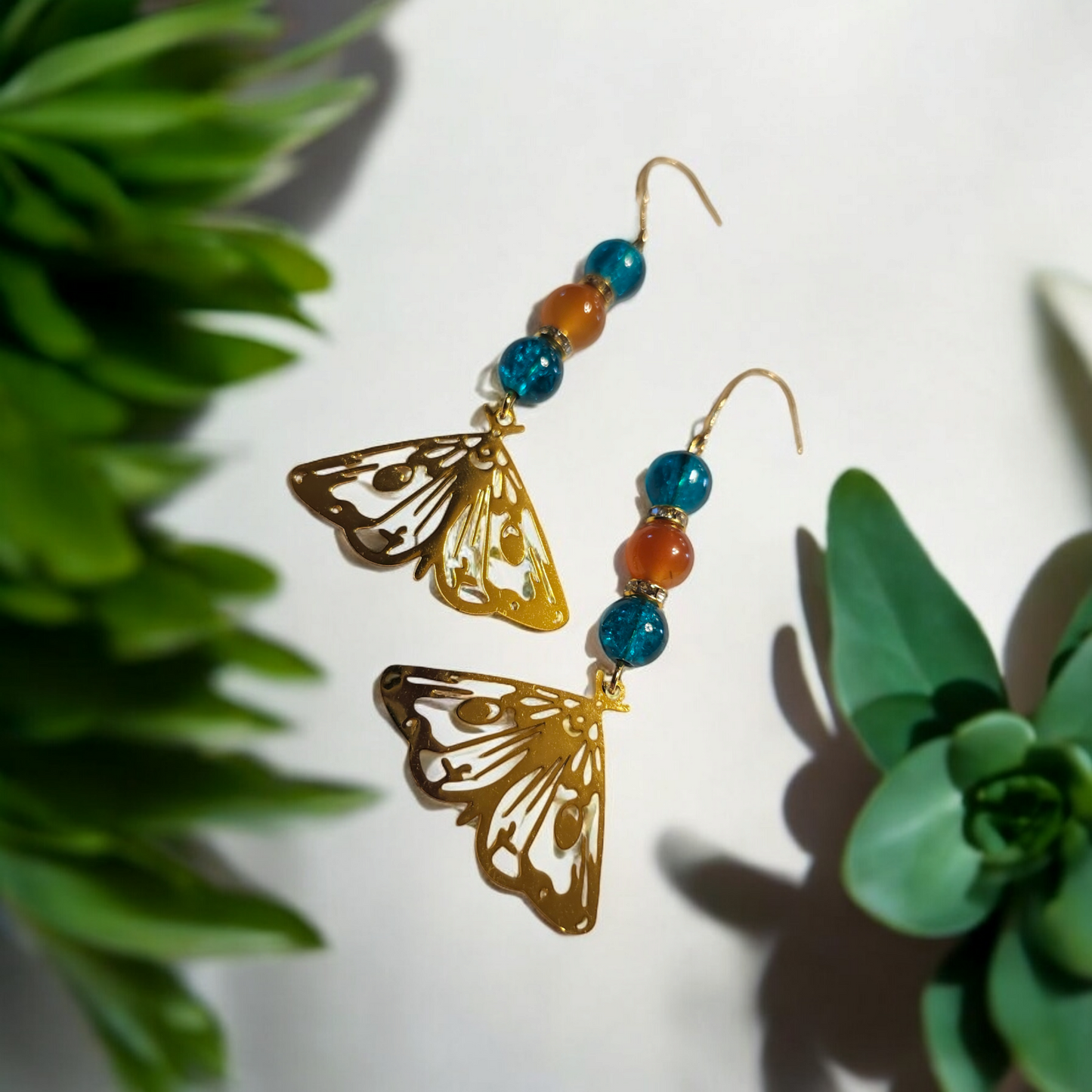 Carnelian & Teal Cracked Glass Golden Moth Earrings