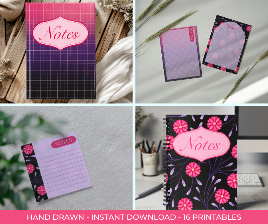 Bold Floral Digital Stationery Set | Hand-Drawn Flowers | Printable Notebook Covers, Bookmarks & Notepads