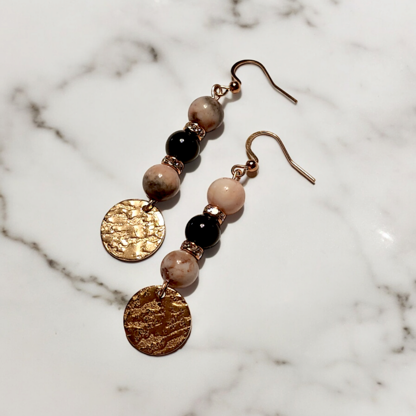 Pink Zebra Jasper & Obsidian Rose Gold Earrings