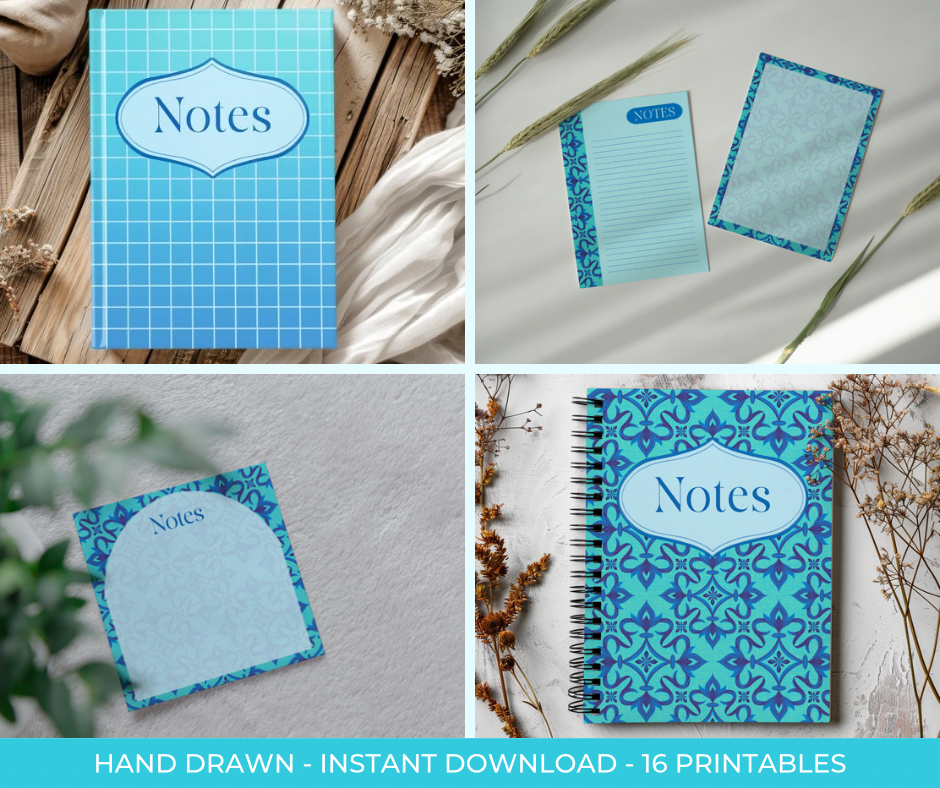 Ocean Blue Digital Stationery Set | Hand-Drawn Ornamental Designs | Printable Notebook Covers, Bookmarks & Notepads