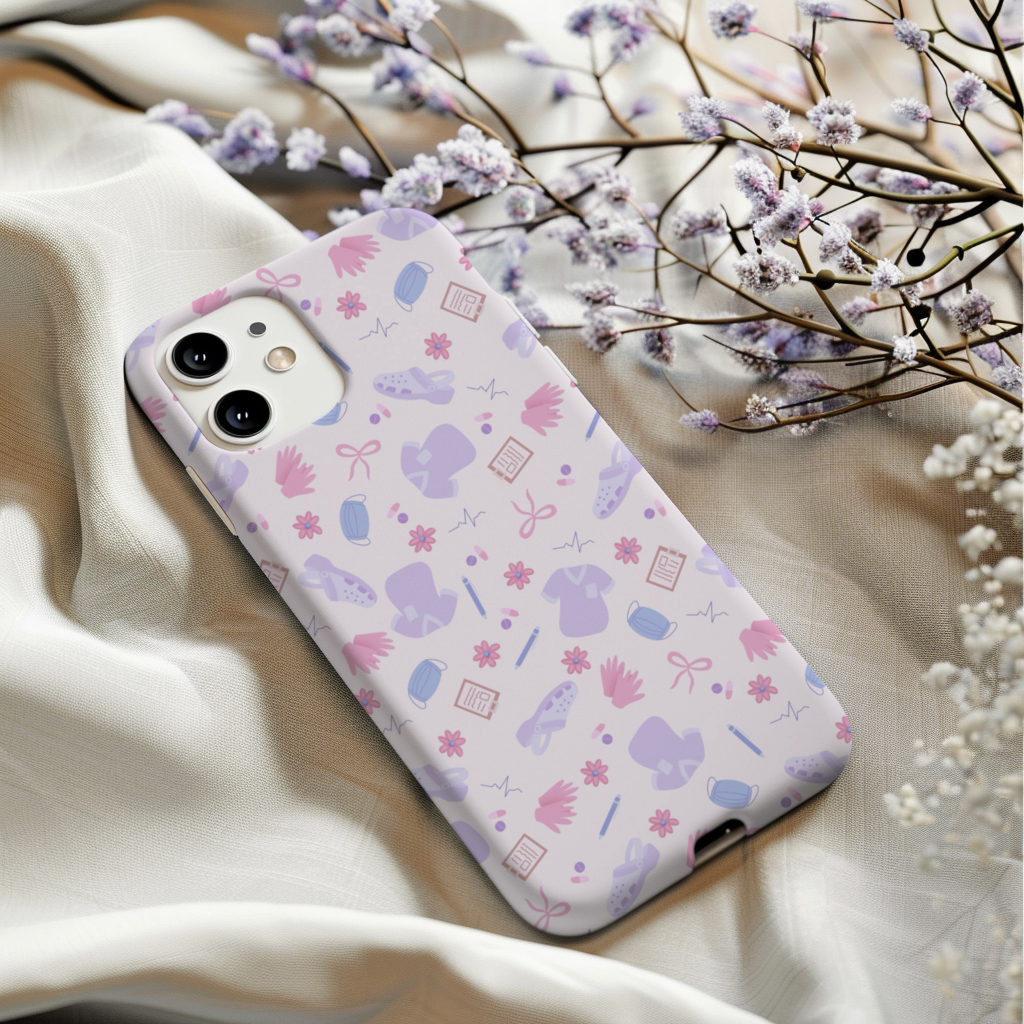 Pastel Nurse Seamless Pattern | Hand-Drawn Medical Design with Scrubs, Masks & Flowers | Healthcare Sublimation Background
