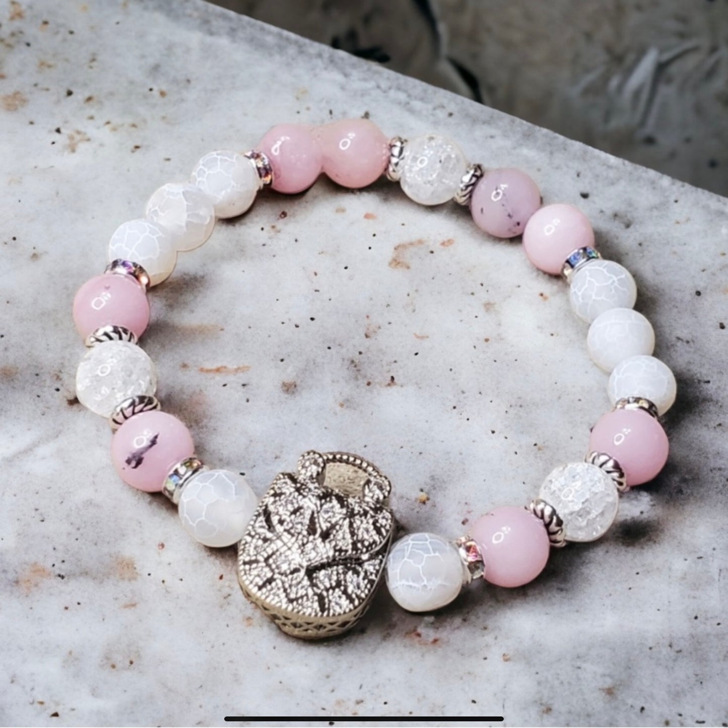 Cherry Blossom Jasper & White Spiderweb Agate Handcrafted Gemstone Bracelet