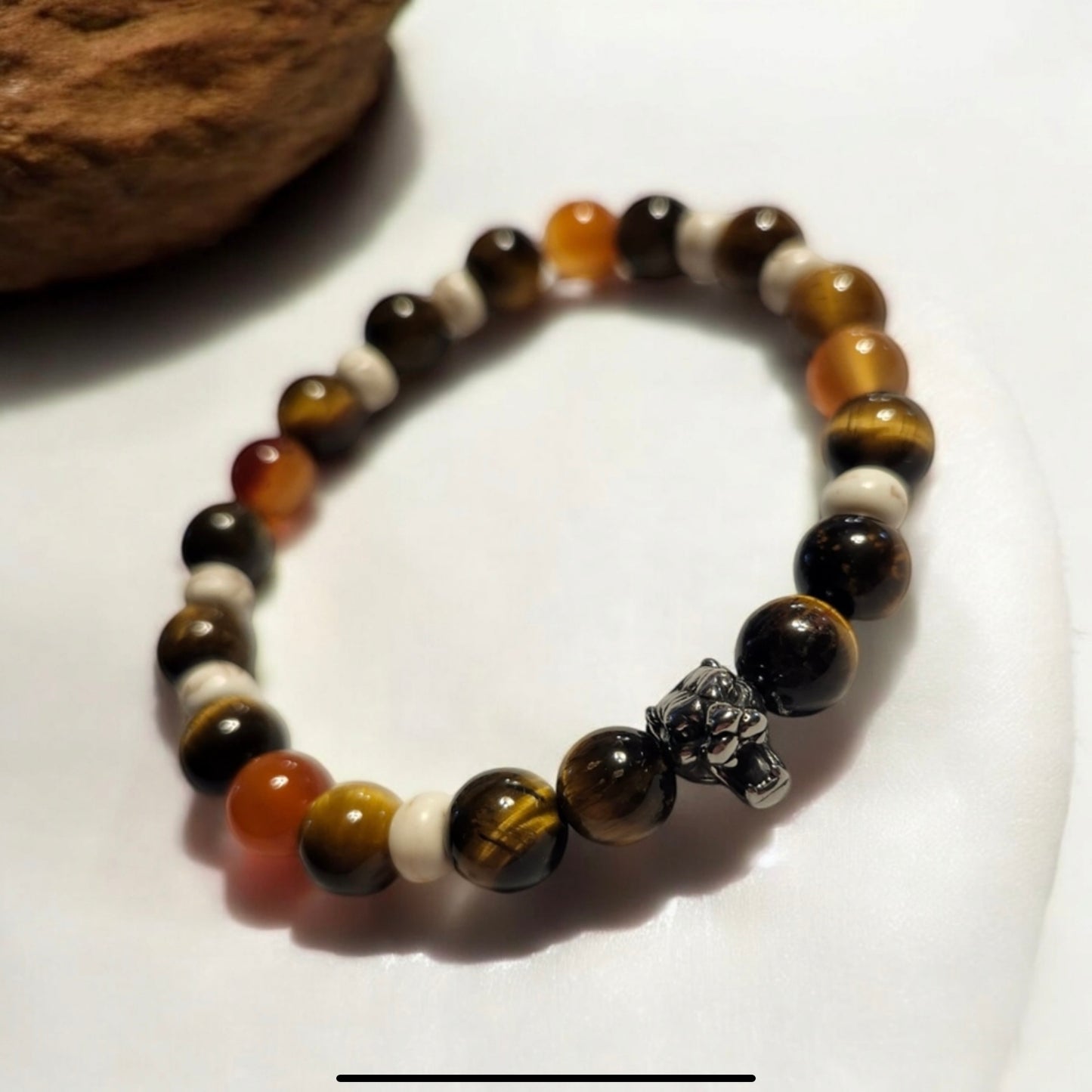 Carnelian, White Turquoise & Tiger’s Eye Handcrafted Gemstone Bracelet