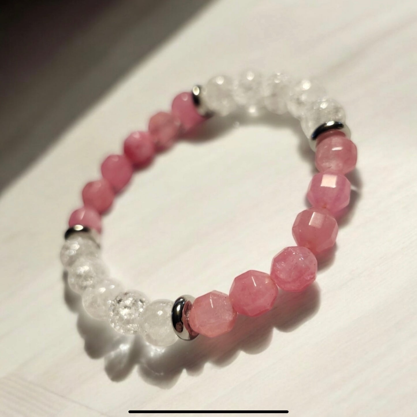 Pink Dolomite & White Crackled Quartz Handcrafted Gemstone Bracelet