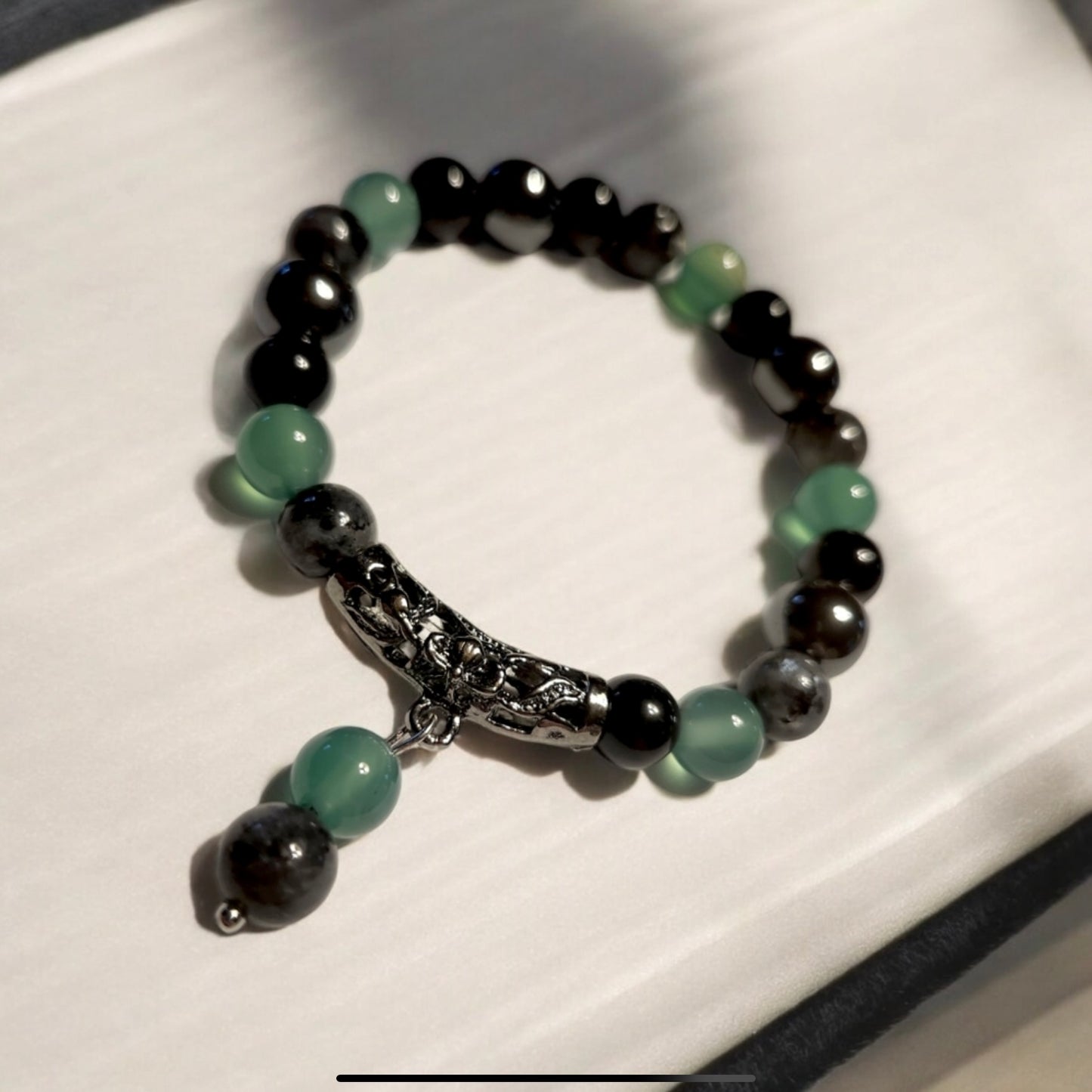 Green Agate, Larvikite & Obsidian Handcrafted Gemstone Bracelet