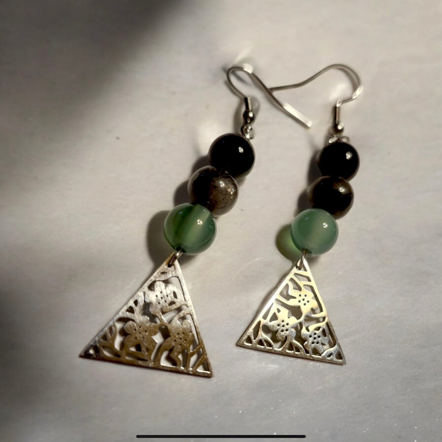 Green Agate, Larvikite & Obsidian Triangle Earrings