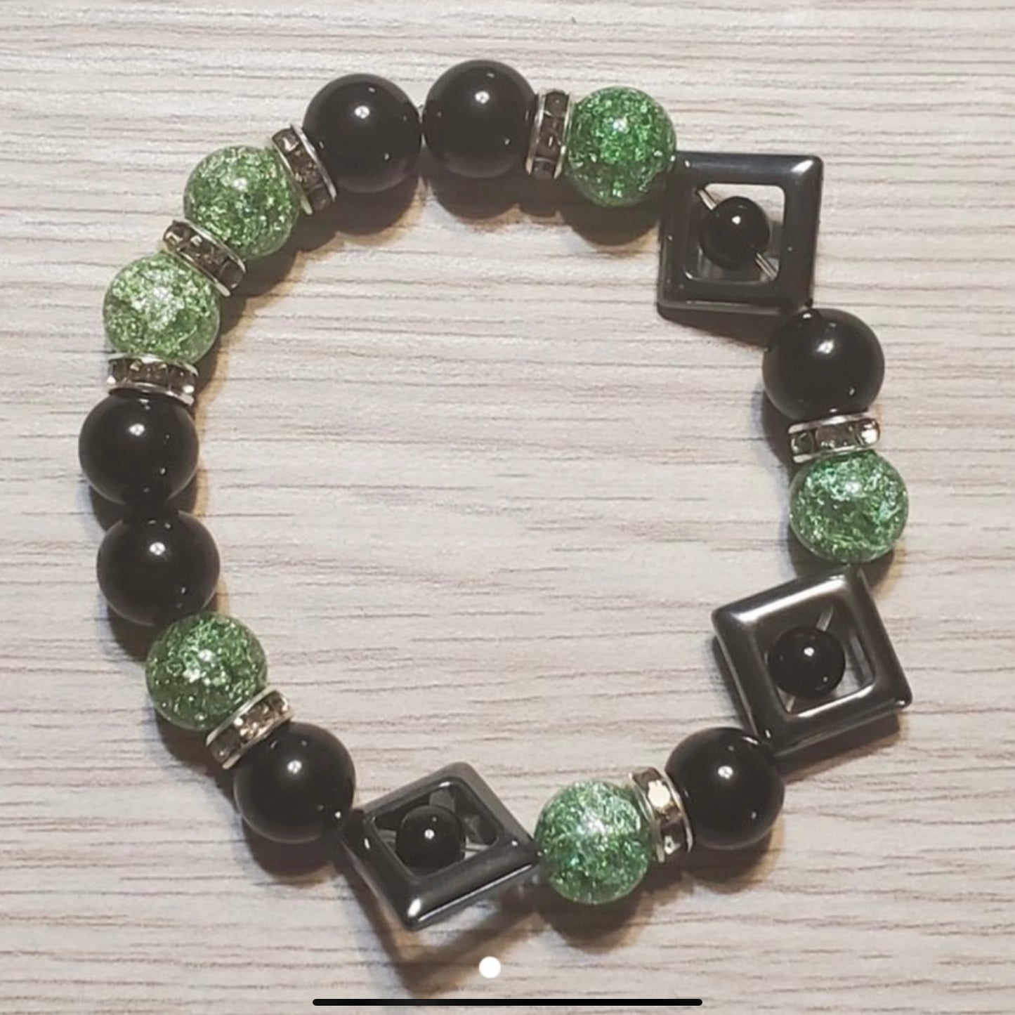 Hematite, Green Crackled Quartz & Obsidian Handcrafted Gemstone Bracelet