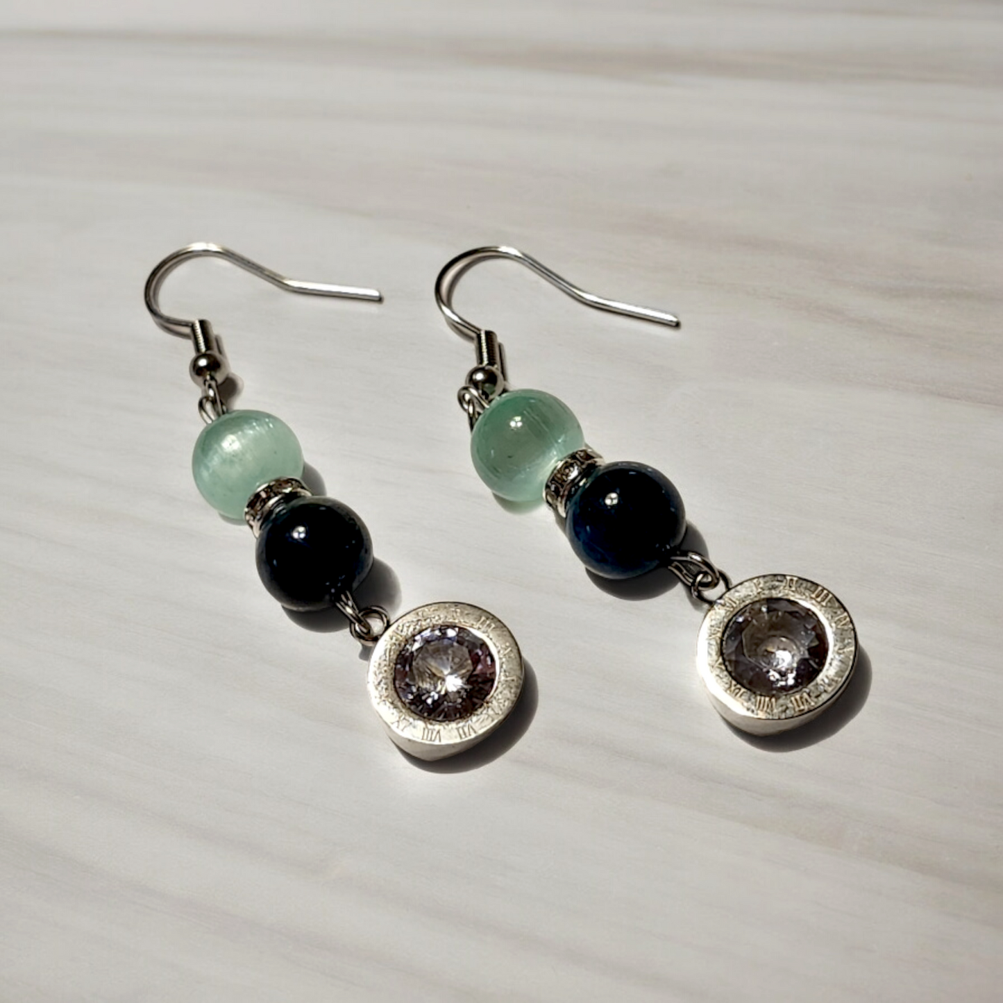Aqua Selenite & Obsidian Roman Clock Earrings