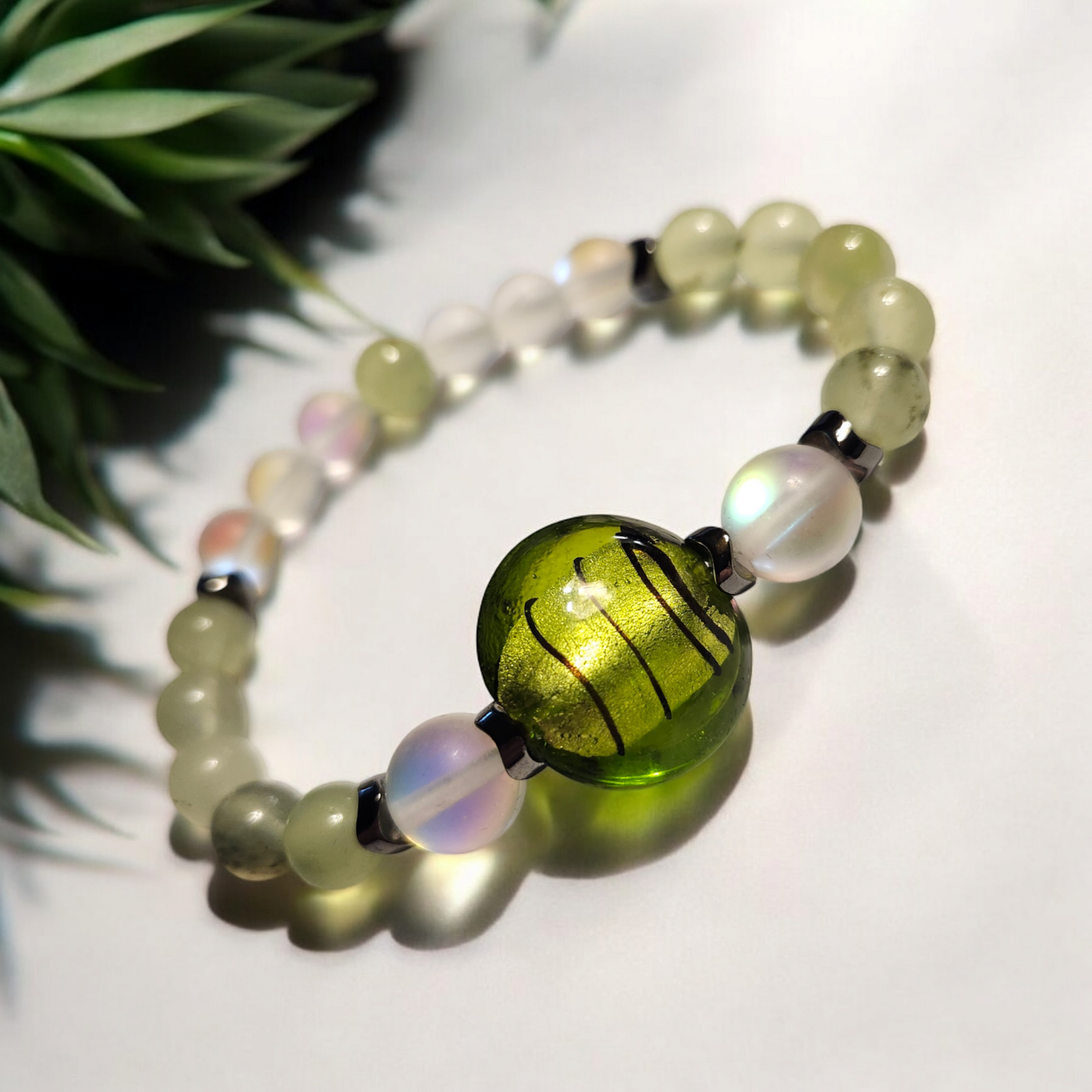 Prehnite & Murano Glass Handcrafted Gemstone Bracelet