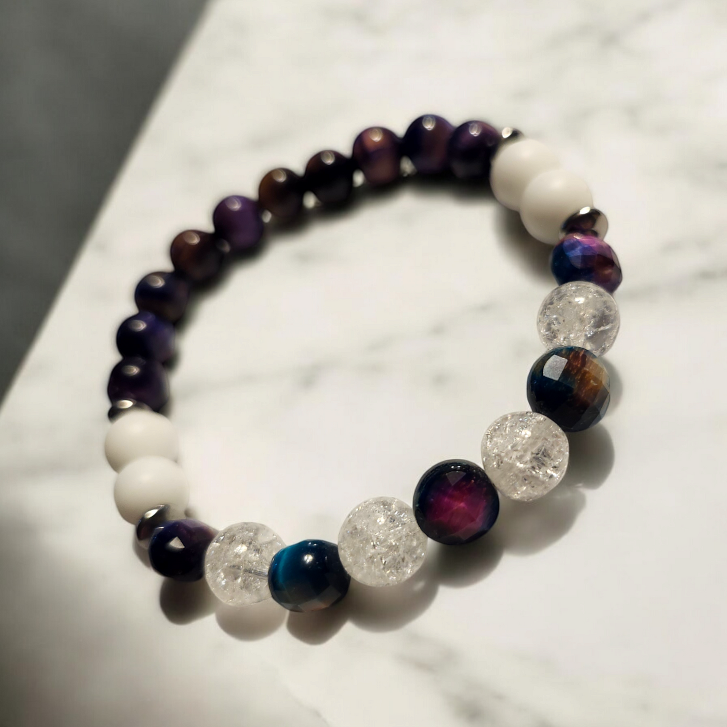 Galaxy Tiger’s Eye, Crackled Quartz & Matte White Agate Handcrafted Gemstone Bracelet