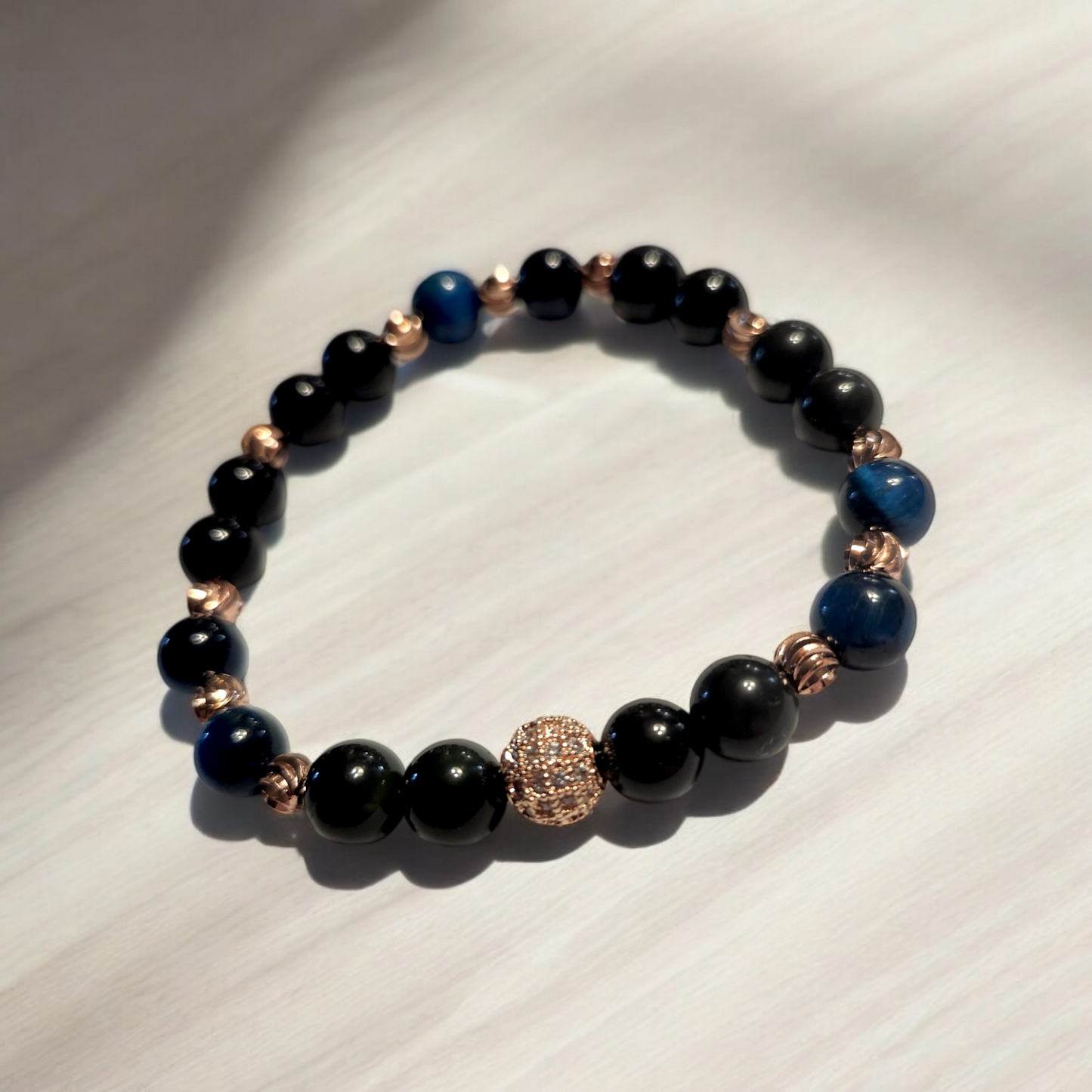 Obsidian & Teal Tiger’s Eye Handcrafted Gemstone Bracelet