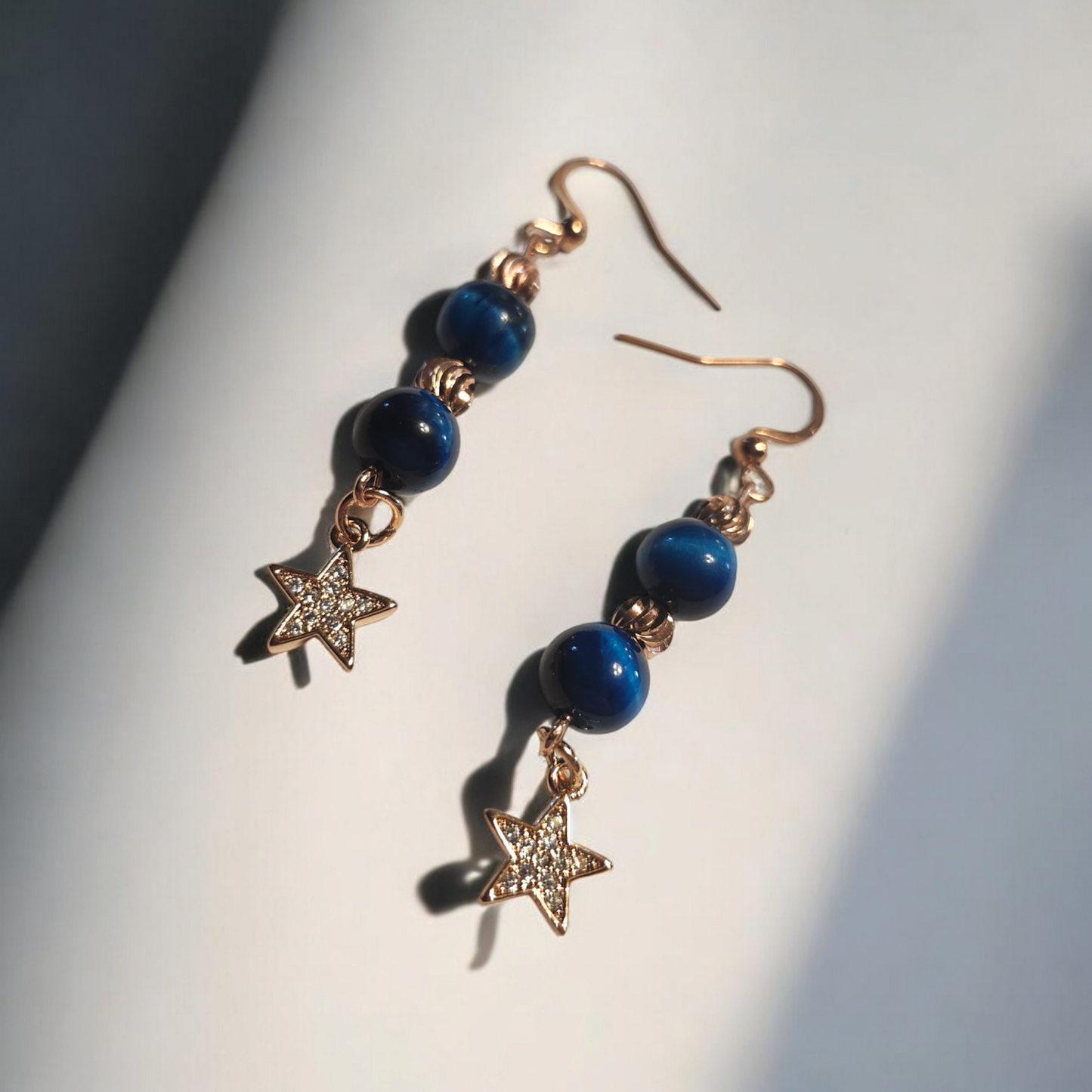 Teal Tiger’s Eye & Rose Gold Star Earrings
