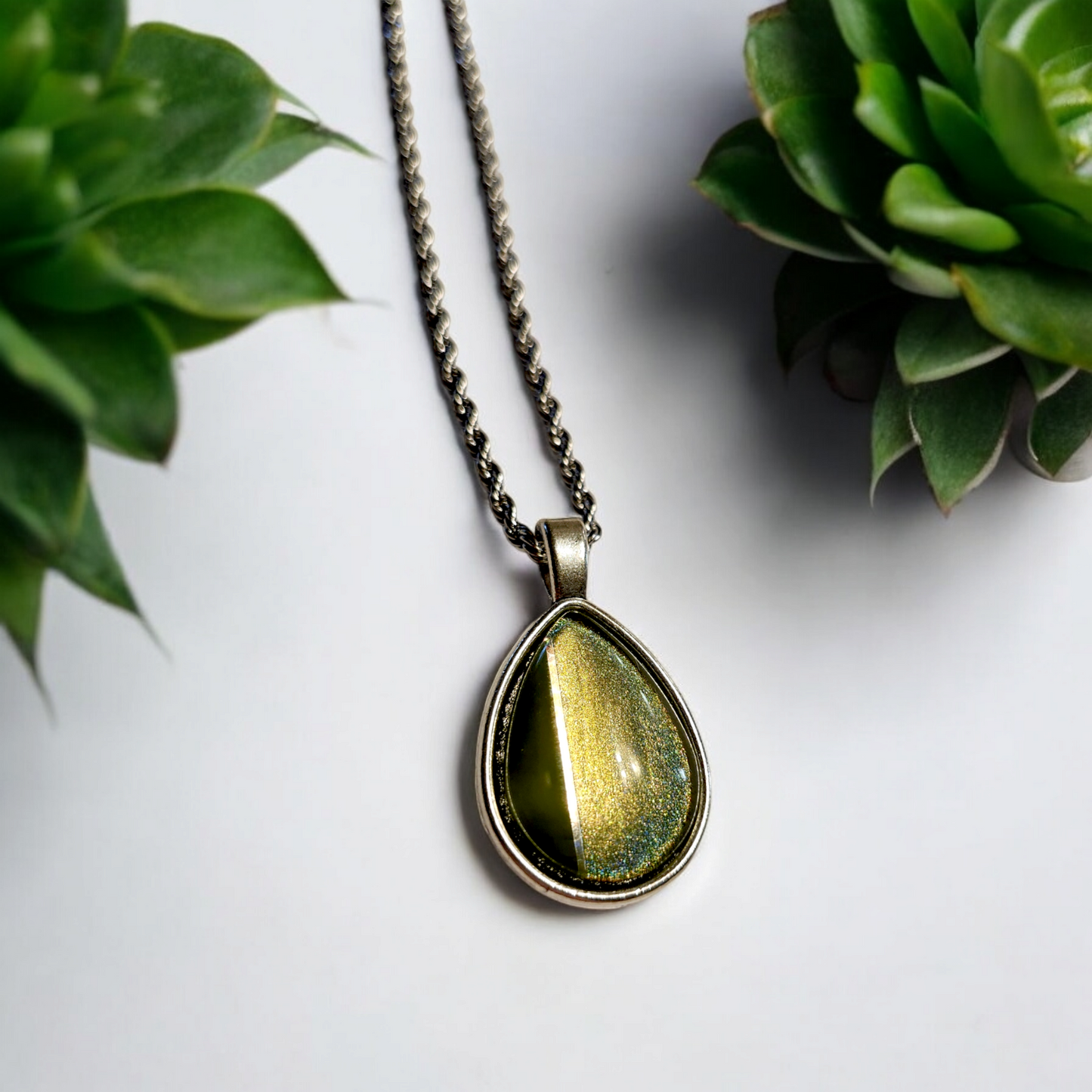 Holographic Green Teardrop Hand-Painted Necklace
