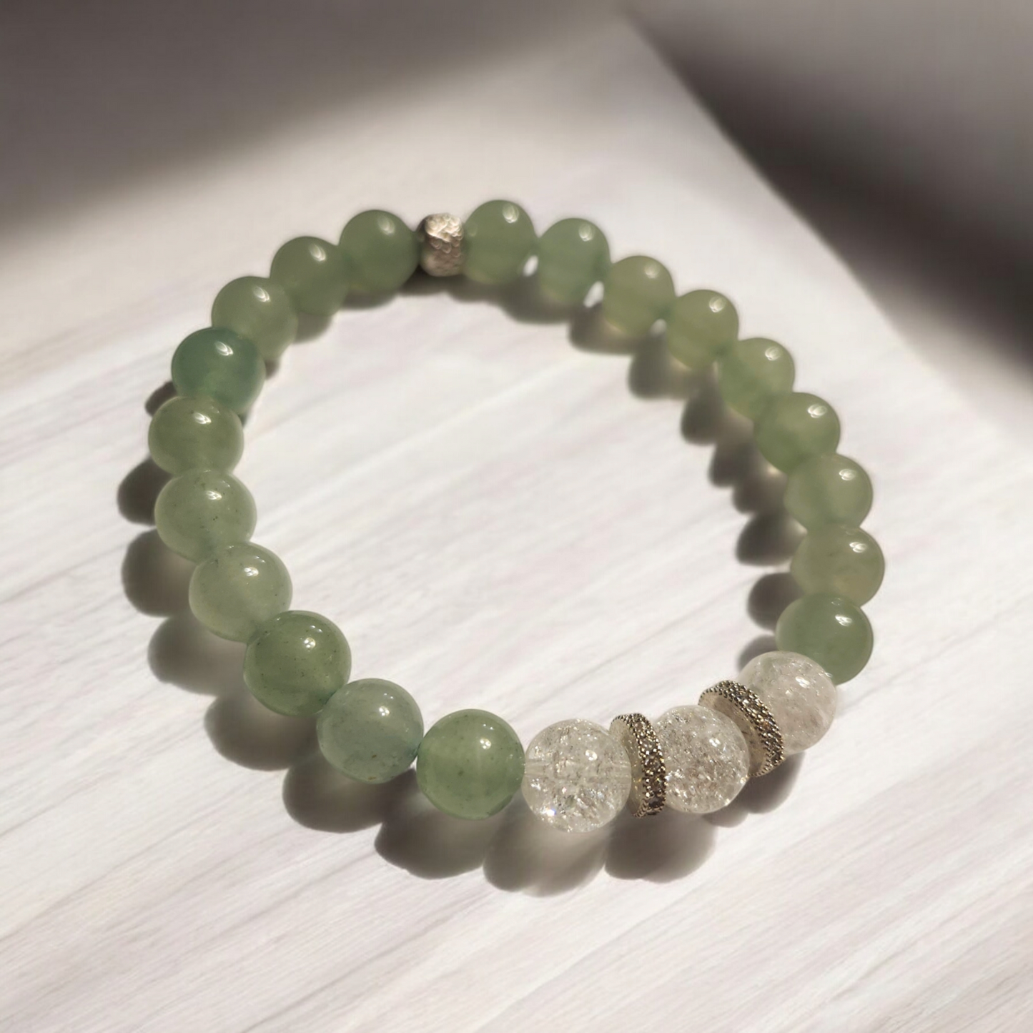 Aventurine, White Crackled Quartz & Cubic Zircon Handcrafted Gemstone Bracelet