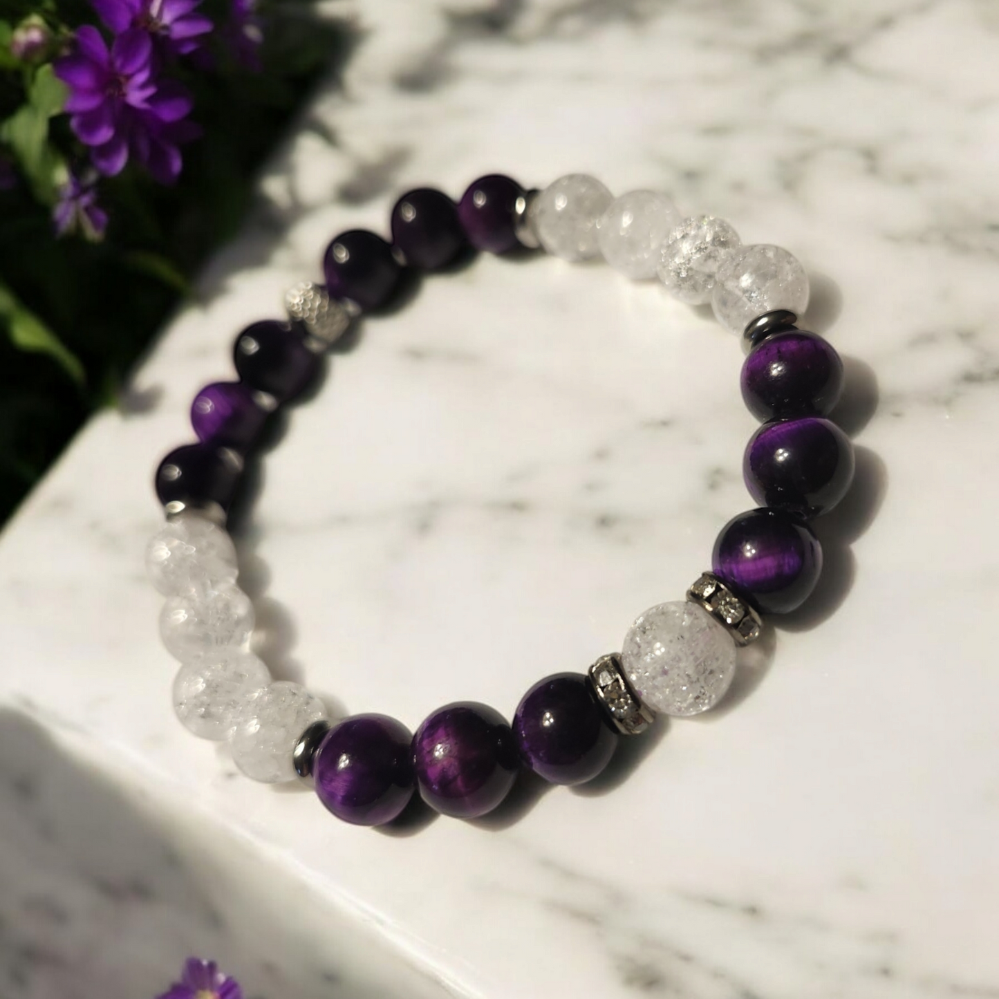 White Crackled Quartz & Purple Tiger’s Eye Handcrafted Gemstone Bracelet