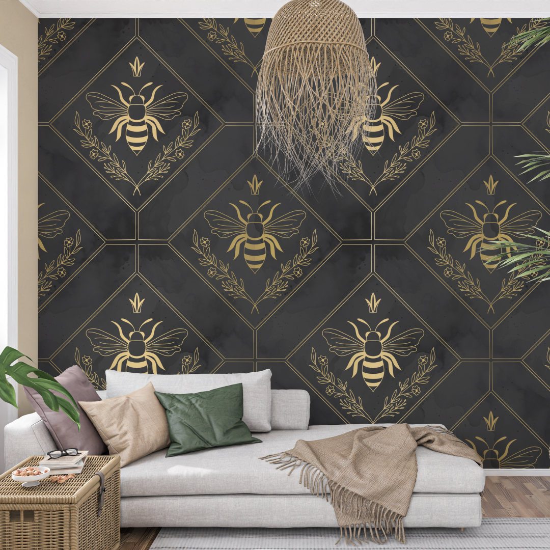 Elegant Golden Bee on Grey Luxury Wallpaper