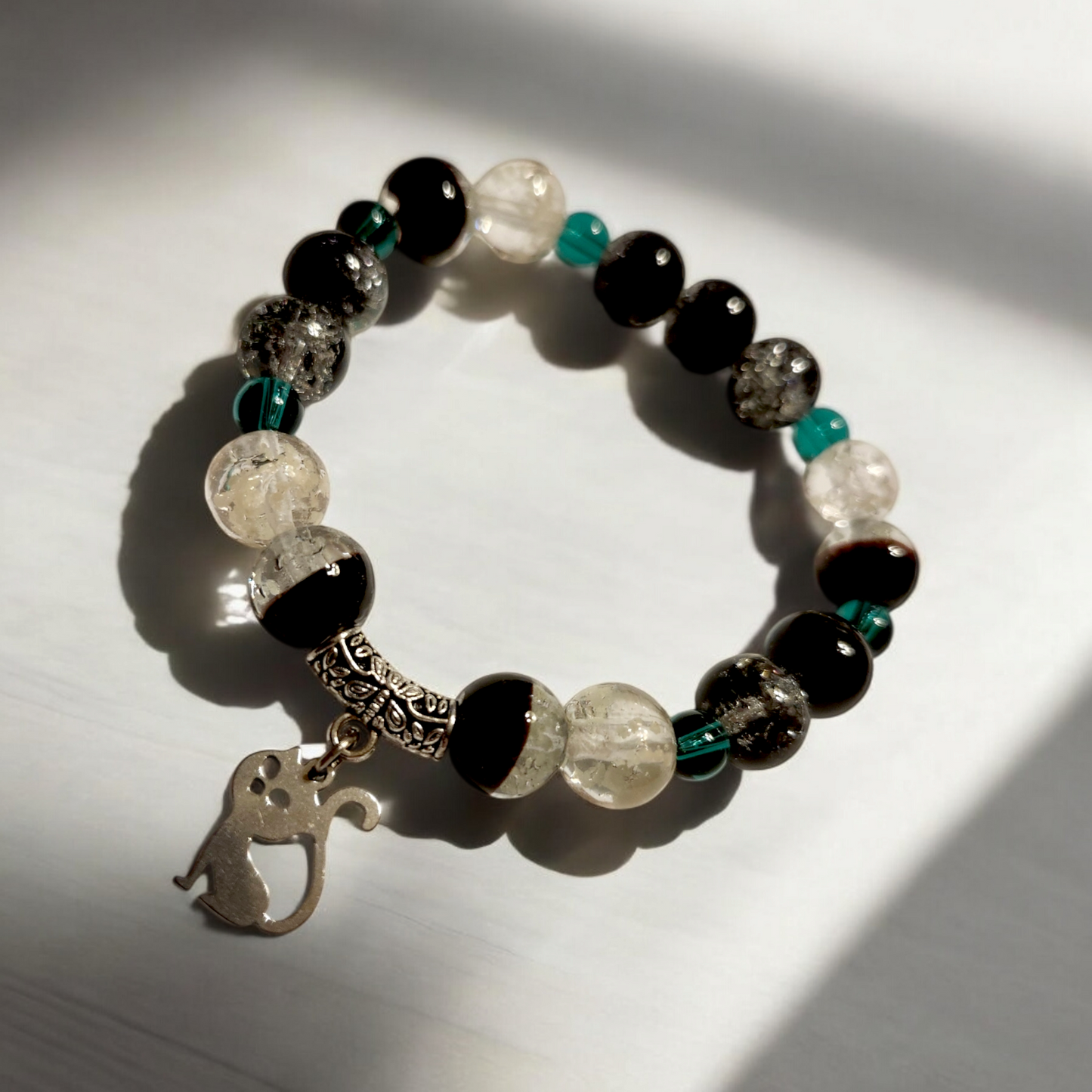 Black Crackled Glass & Firefly Glass Cat Handcrafted Bracelet