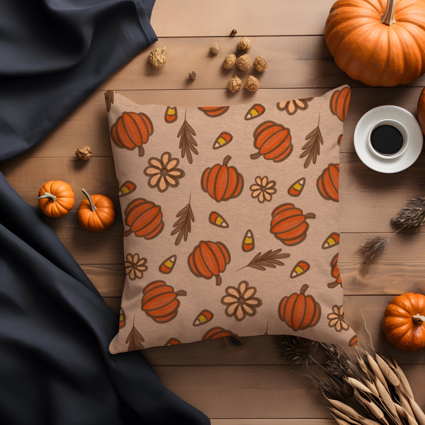 Autumn Harvest Seamless Pattern | Hand-Drawn Pumpkins, Candy Corn & Florals | Fall Sublimation Background for Stationery & Fabric