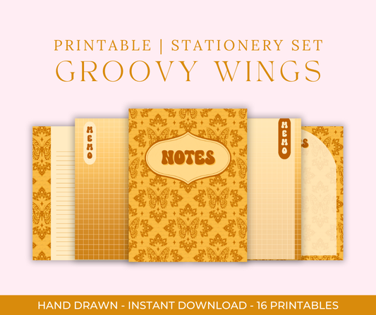Retro Butterfly Digital Stationery Set | Hand-Drawn Bold Yellow Stationery | Printable Notebook Covers, Bookmarks & Notepads