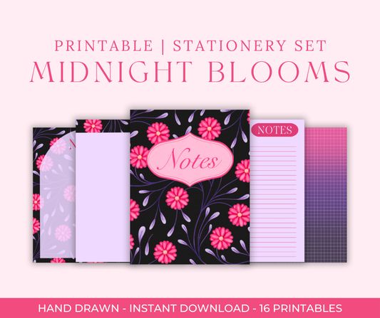 Bold Floral Digital Stationery Set | Hand-Drawn Flowers | Printable Notebook Covers, Bookmarks & Notepads