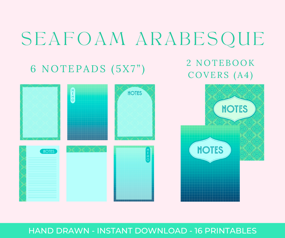 Geometric Arabesque Digital Stationery Set | Hand-Drawn Green & Blue Stationery | Printable Notebook Covers, Bookmarks & Notepads