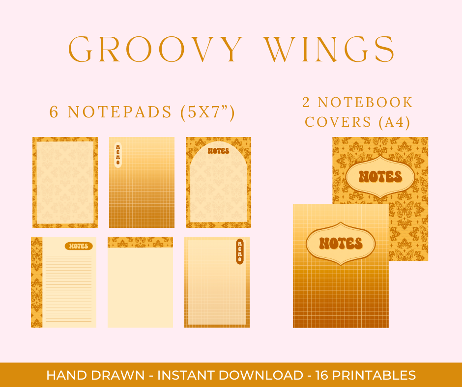 Retro Butterfly Digital Stationery Set | Hand-Drawn Bold Yellow Stationery | Printable Notebook Covers, Bookmarks & Notepads