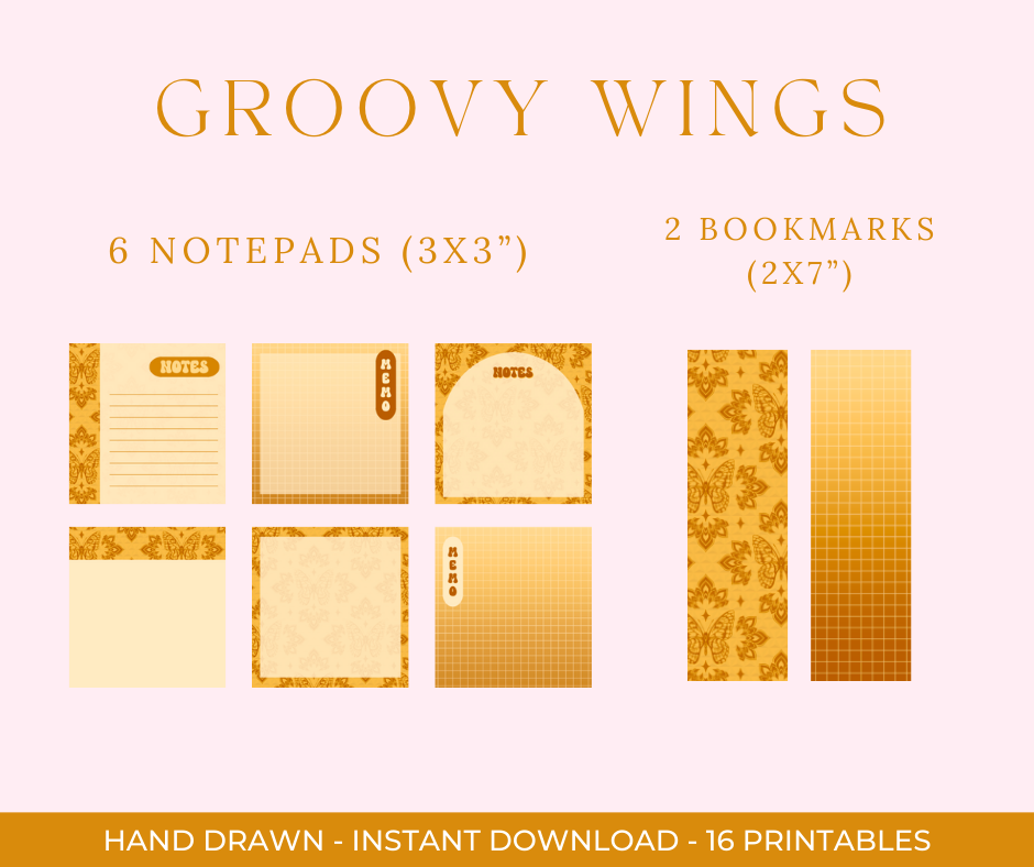 Retro Butterfly Digital Stationery Set | Hand-Drawn Bold Yellow Stationery | Printable Notebook Covers, Bookmarks & Notepads