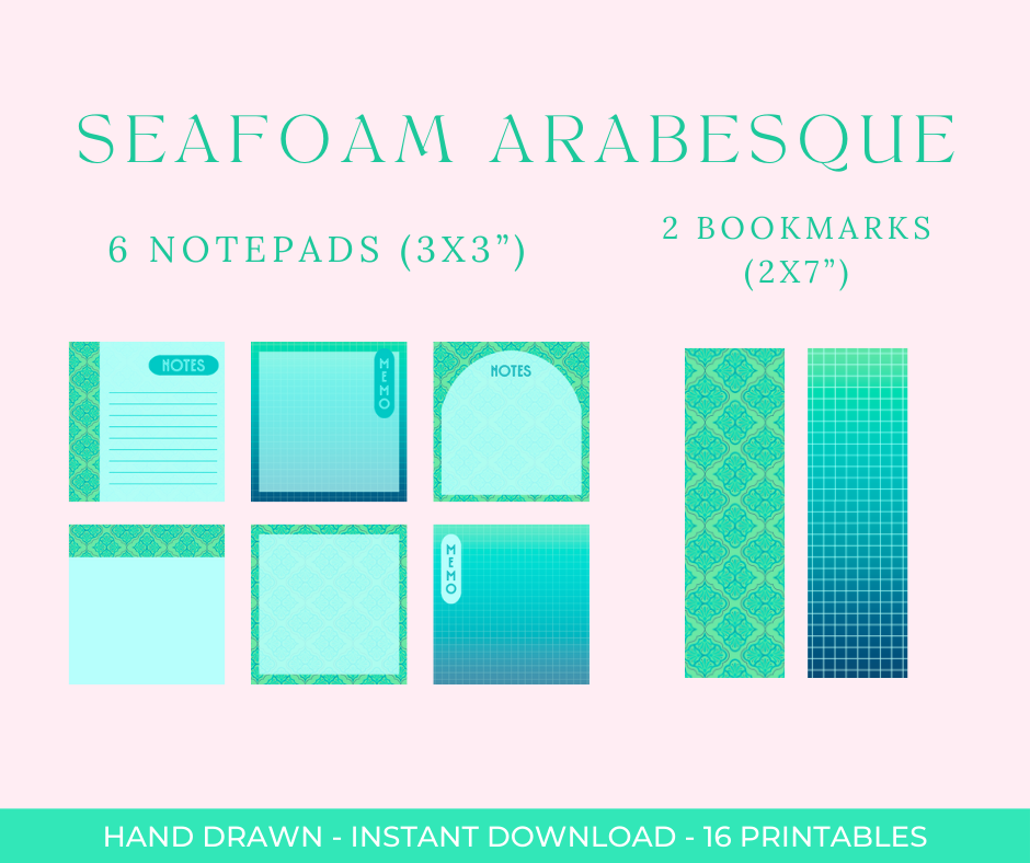 Geometric Arabesque Digital Stationery Set | Hand-Drawn Green & Blue Stationery | Printable Notebook Covers, Bookmarks & Notepads