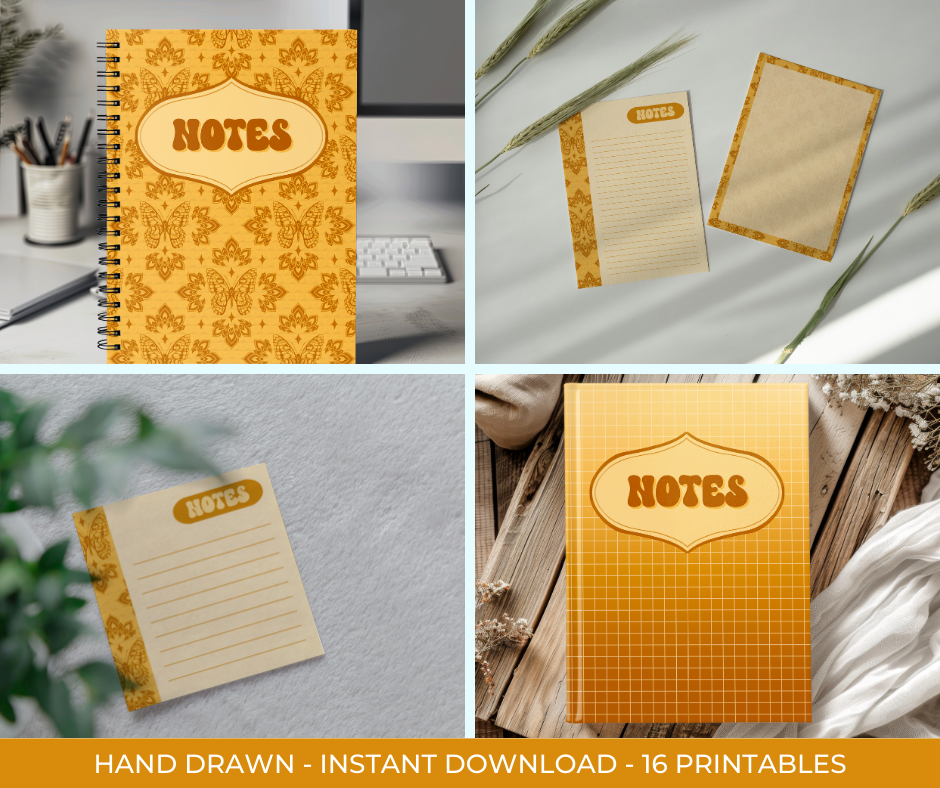 Retro Butterfly Digital Stationery Set | Hand-Drawn Bold Yellow Stationery | Printable Notebook Covers, Bookmarks & Notepads