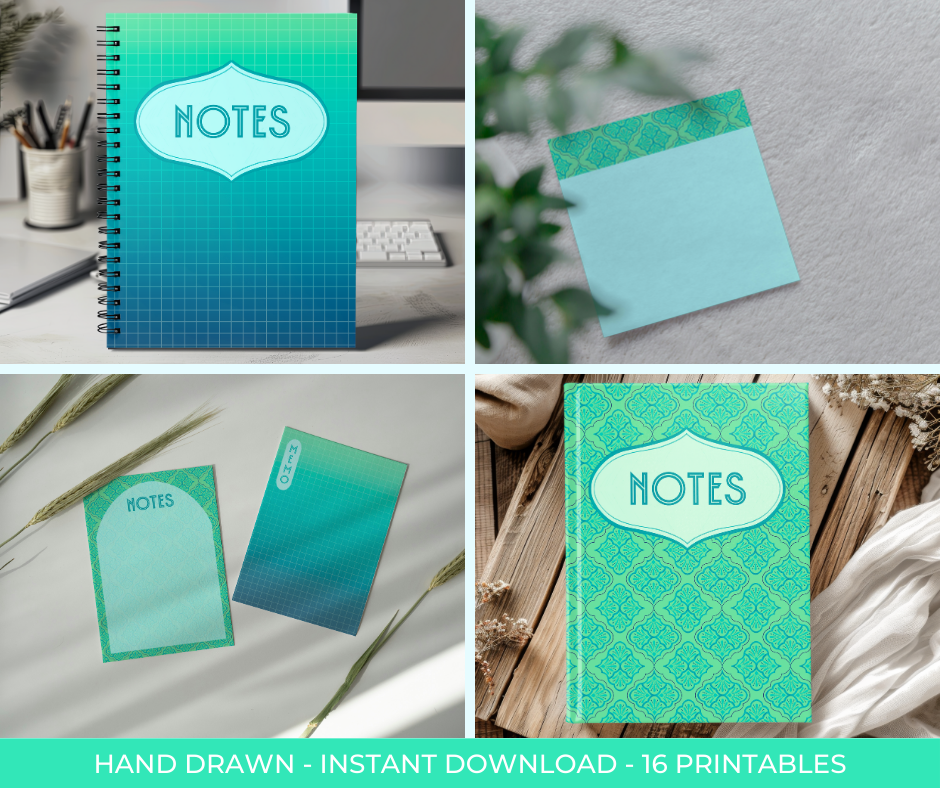 Geometric Arabesque Digital Stationery Set | Hand-Drawn Green & Blue Stationery | Printable Notebook Covers, Bookmarks & Notepads