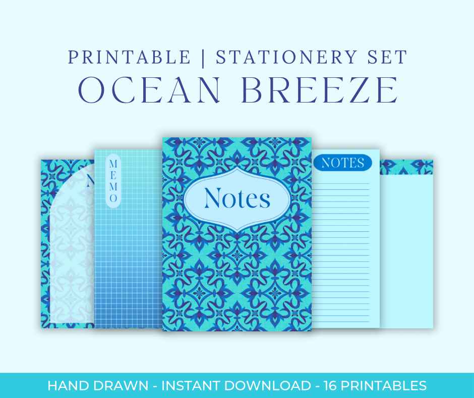 Ocean Blue Digital Stationery Set | Hand-Drawn Ornamental Designs | Printable Notebook Covers, Bookmarks & Notepads