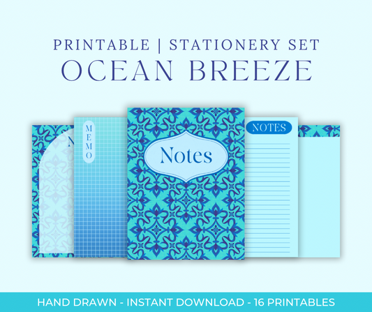 Ocean Blue Digital Stationery Set | Hand-Drawn Ornamental Designs | Printable Notebook Covers, Bookmarks & Notepads
