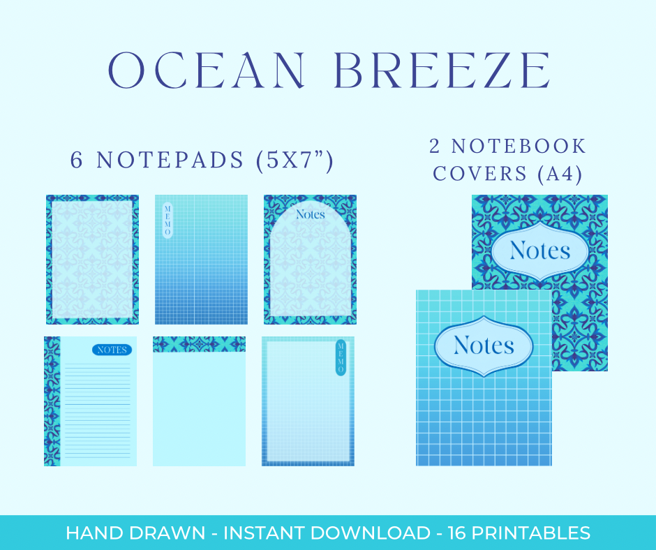 Ocean Blue Digital Stationery Set | Hand-Drawn Ornamental Designs | Printable Notebook Covers, Bookmarks & Notepads