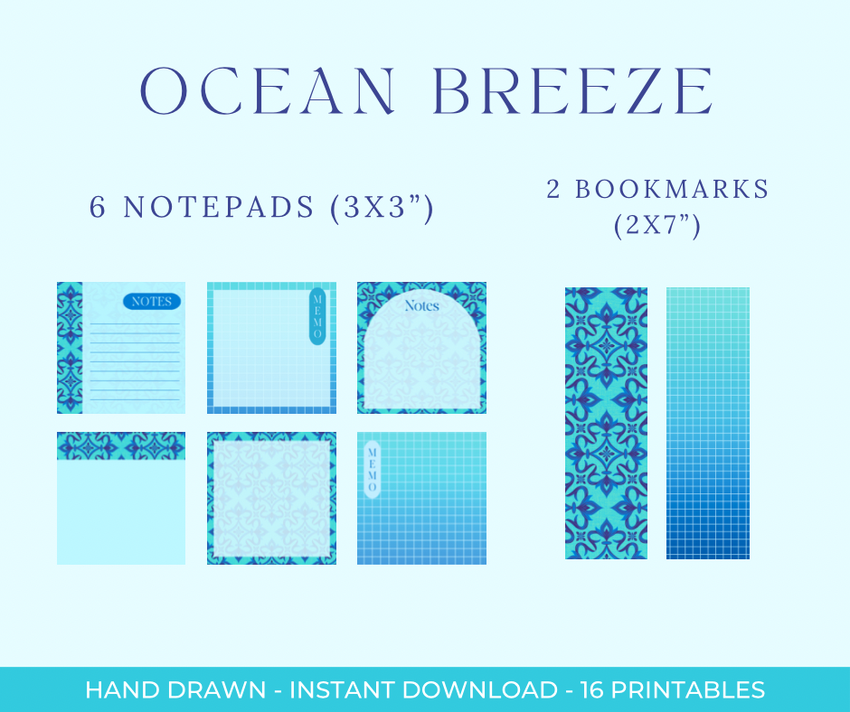 Ocean Blue Digital Stationery Set | Hand-Drawn Ornamental Designs | Printable Notebook Covers, Bookmarks & Notepads