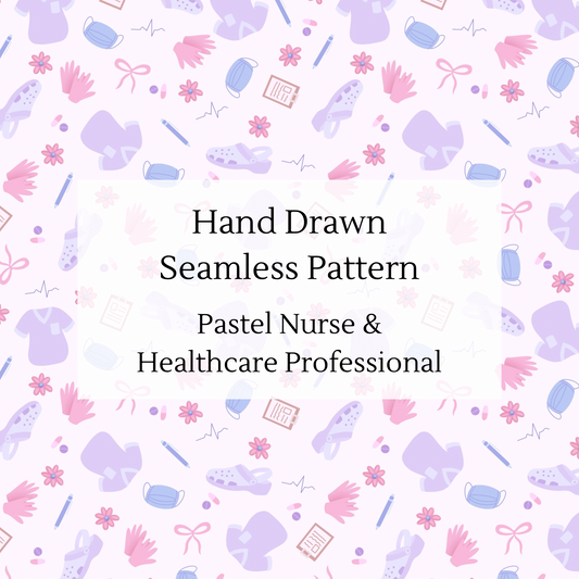 Pastel Nurse Seamless Pattern | Hand-Drawn Medical Design with Scrubs, Masks & Flowers | Healthcare Sublimation Background
