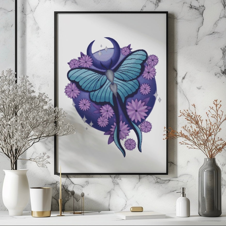 Mystical Moth Cross-Stitch Pattern | Hand-Drawn Witchy X-Stitch | Bold Purple & Blue Digital PDF Chart