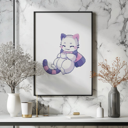 DeviCat CandiCat Tea Time Cross-Stitch Pattern | Kawaii X-Stitch PDF | Cute Hand-Drawn Stitch Design