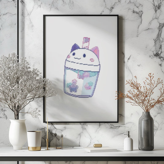 DeviCat CandiCat Boba Cross-Stitch Pattern | Kawaii X-Stitch PDF | Cute Hand-Drawn Tea Stitch Design