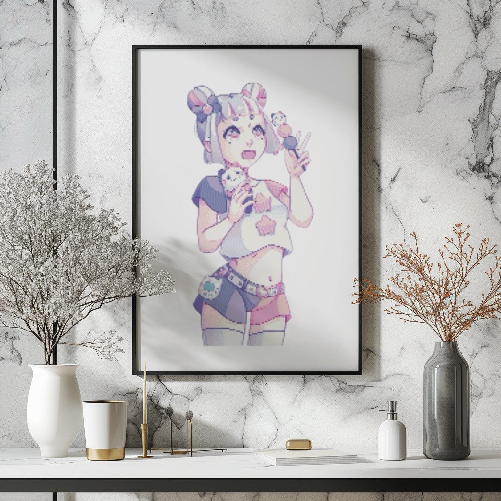 DeviCat CandiCat Treat Time Cross-Stitch Pattern | Kawaii X-Stitch PDF | Cute Hand-Drawn Anime Girl Stitch Design