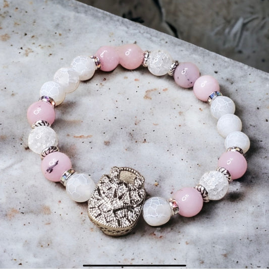 Cherry Blossom Jasper & White Spiderweb Agate Handcrafted Gemstone Bracelet