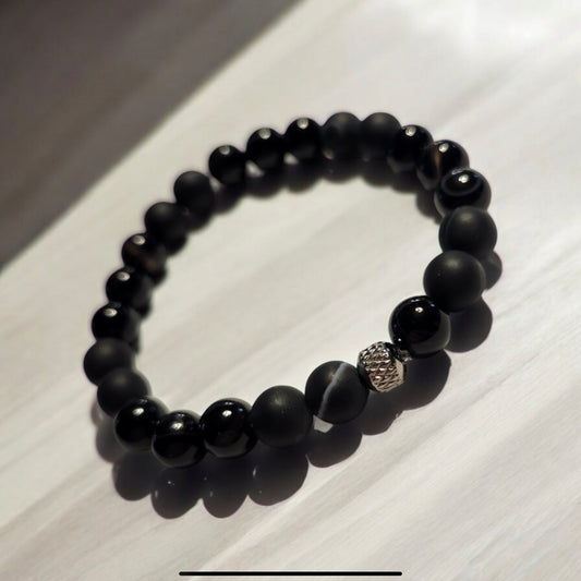 Matte & Glossy Striped Agate Handcrafted Gemstone Bracelet
