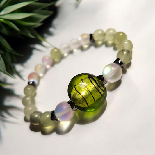 Prehnite & Murano Glass Handcrafted Gemstone Bracelet