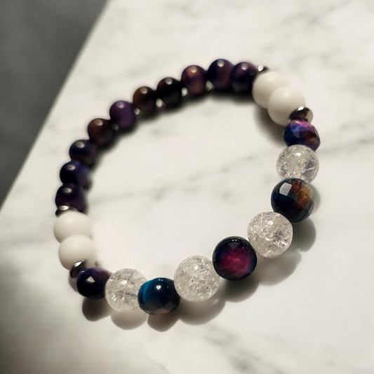 Galaxy Tiger’s Eye, Crackled Quartz & Matte White Agate Handcrafted Gemstone Bracelet