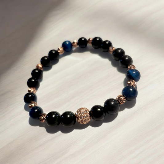 Obsidian & Teal Tiger’s Eye Handcrafted Gemstone Bracelet