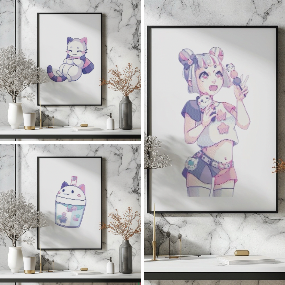 DeviCat CandiCat Cross-Stitch Pattern Trio | Kawaii X-Stitch PDF | Cute Hand-Drawn Anime Cat Design