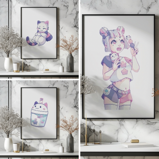 DeviCat CandiCat Cross-Stitch Pattern Trio | Kawaii X-Stitch PDF | Cute Hand-Drawn Anime Cat Design