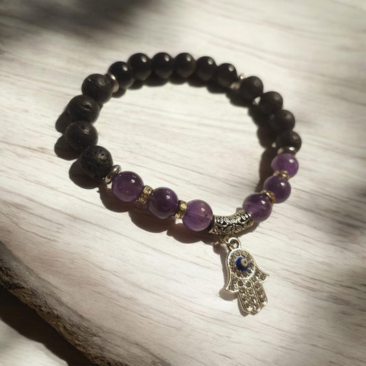 Amethyst, Lava Stone & Obsidian Handcrafted Gemstone Bracelet