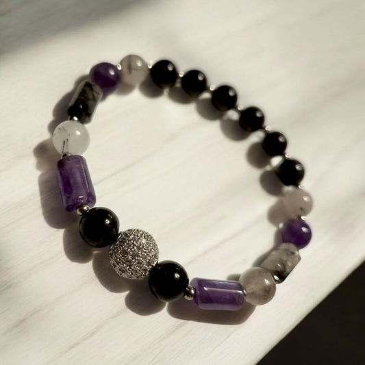 Rutilated Quartz, Obsidian & Amethyst Handcrafted Gemstone Bracelet